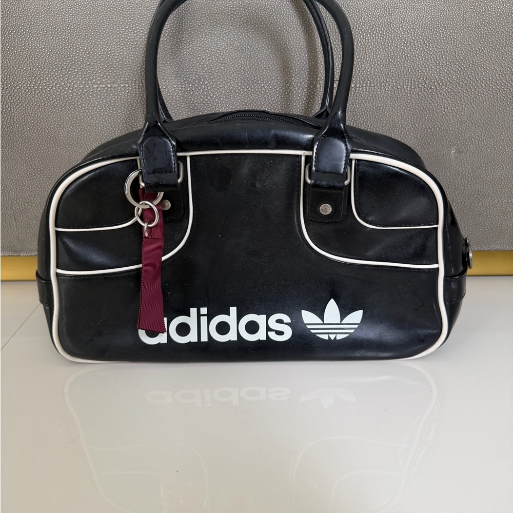 Vintage Adidas Black Bowling Bag with White Trim and Burgundy Accent